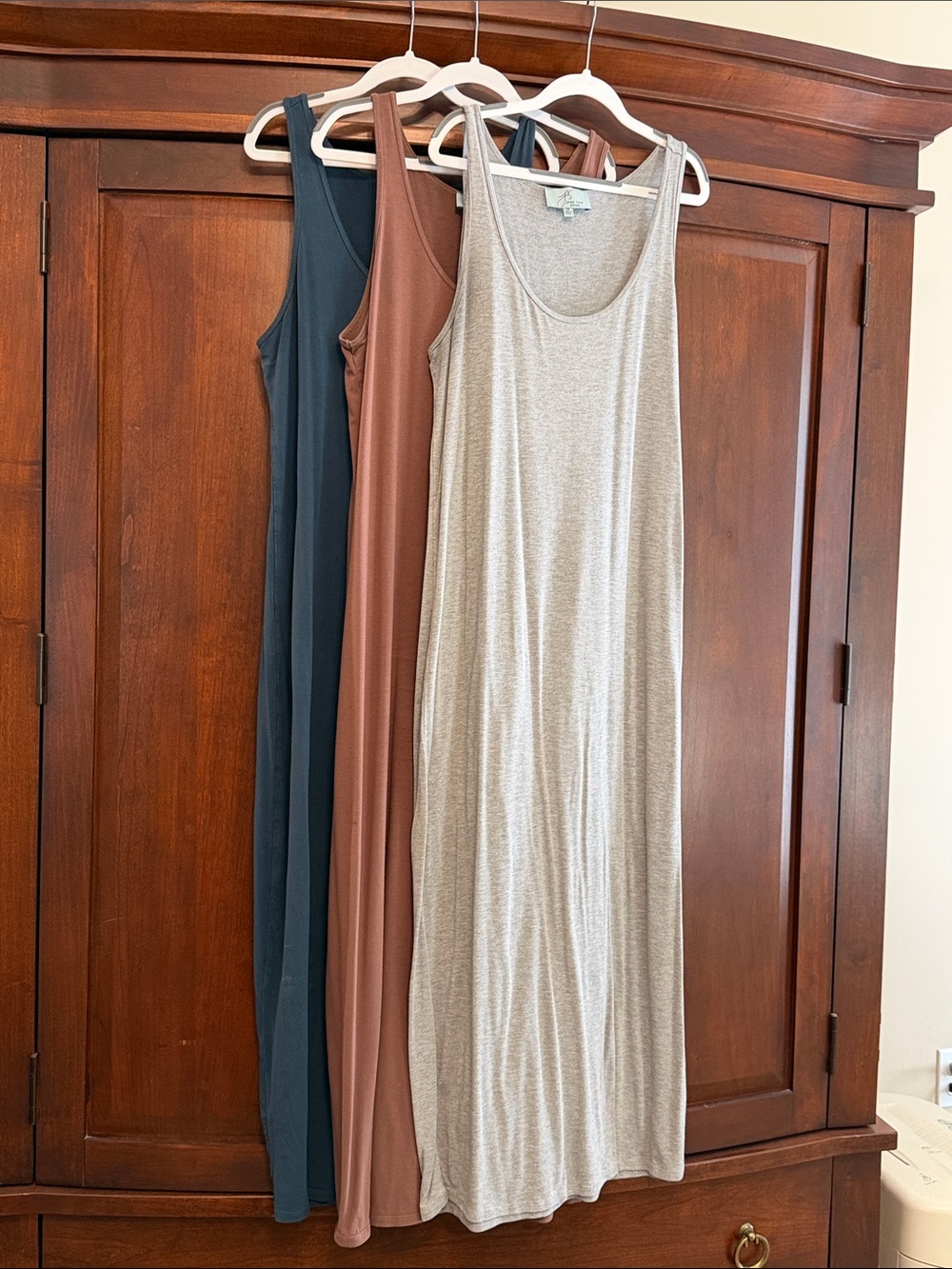 Joan Vass Sleeveless Maxi Dresses in Navy, Brown & Light Gray